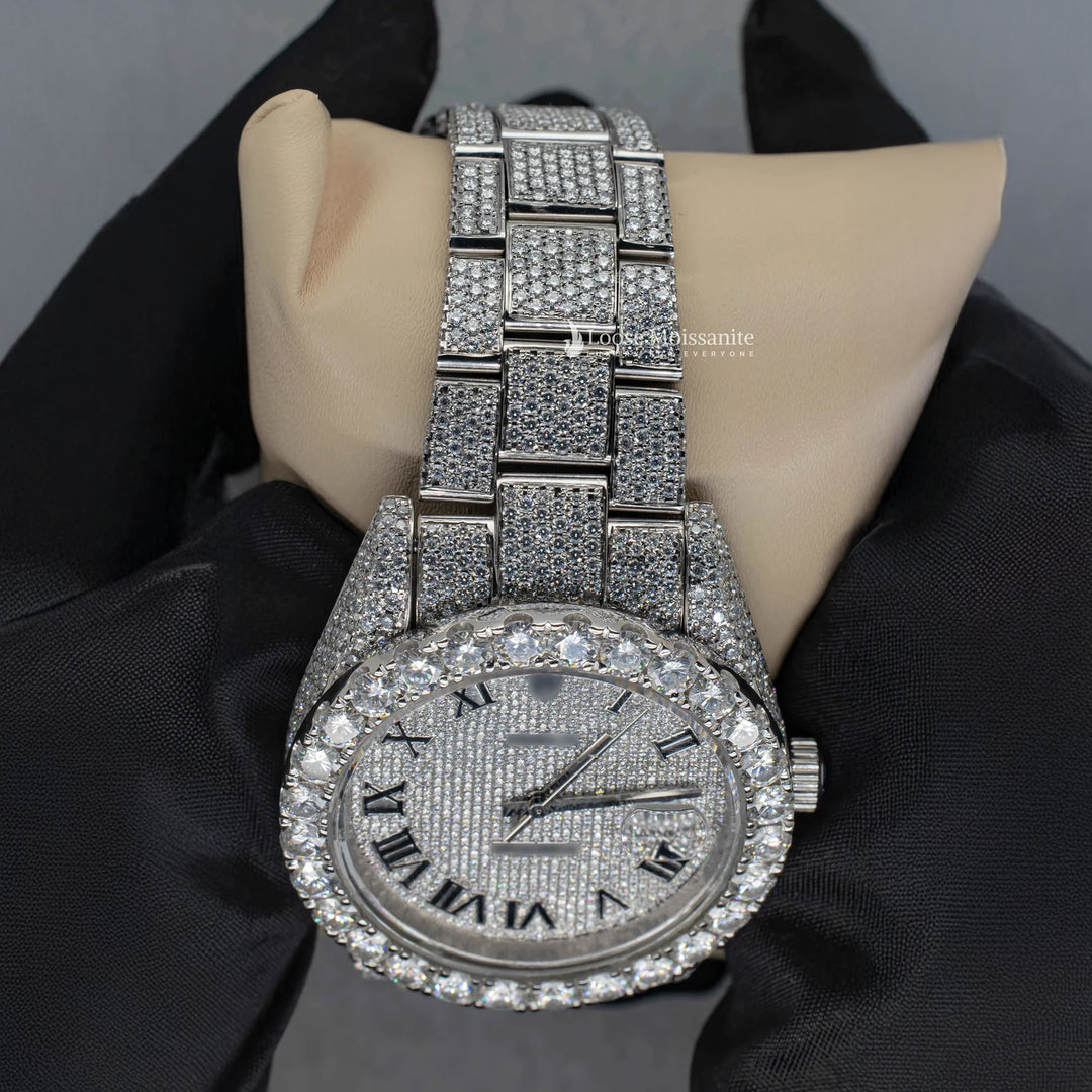 Close Up View Of Roman Dial Moissanite Presidential Watch For Men | 41 MM
