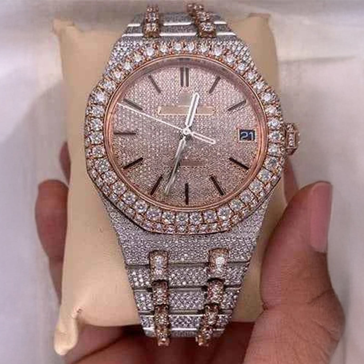 Side view of iced out ap moissanite watch
