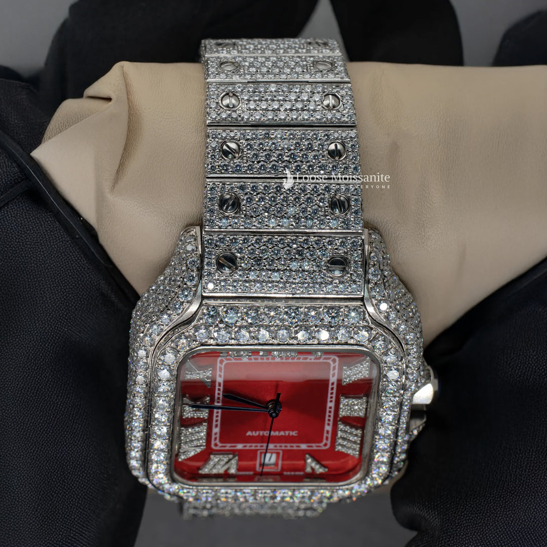 Close Up View Of Red Dial Moissanite Watch | 41 MM