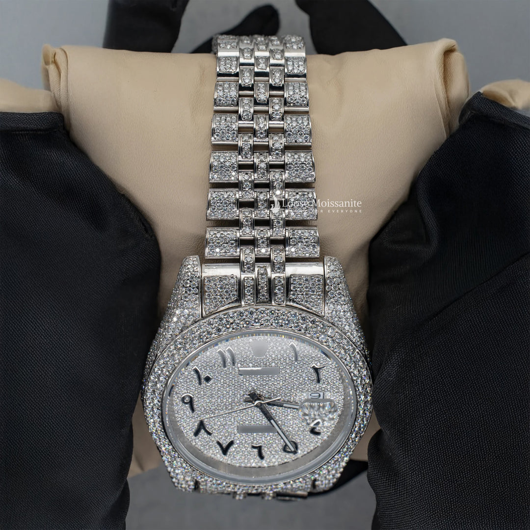Close Up View Of Datejust Full Iced Out Moissanite Watch