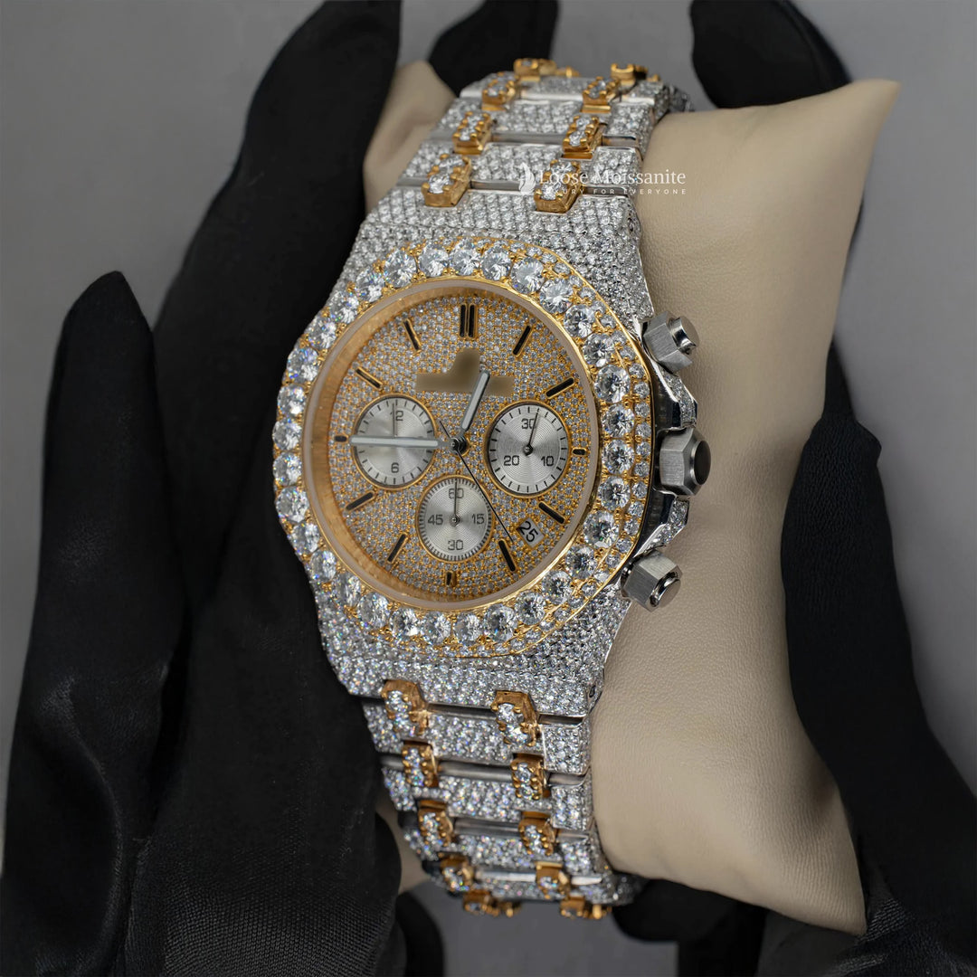 Side View Of AP Moissanite Hip Hop Watch | 41 MM | Yellow Gold Tone