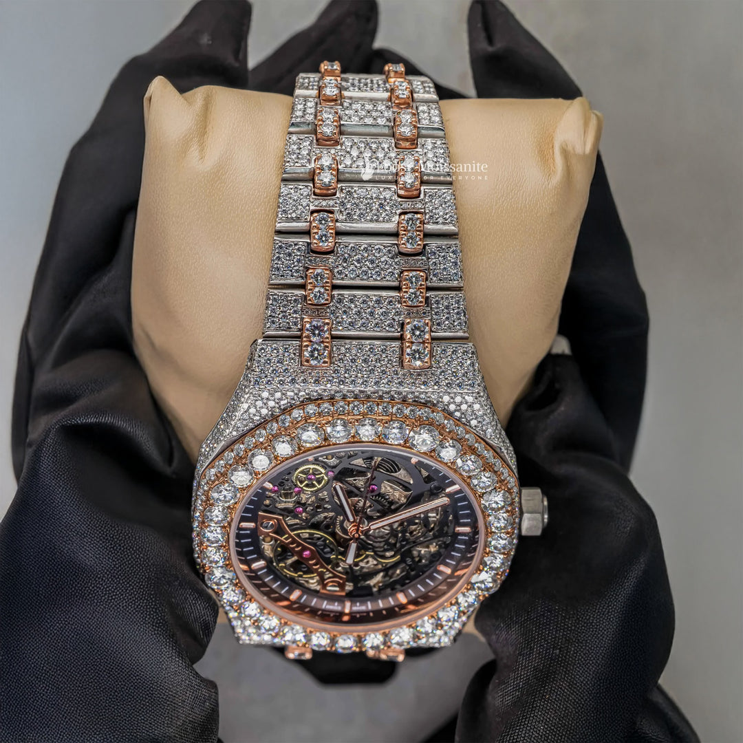 Close Up View Of Moissanite Diamond Ap Watch | 41MM | Rose Gold Tone