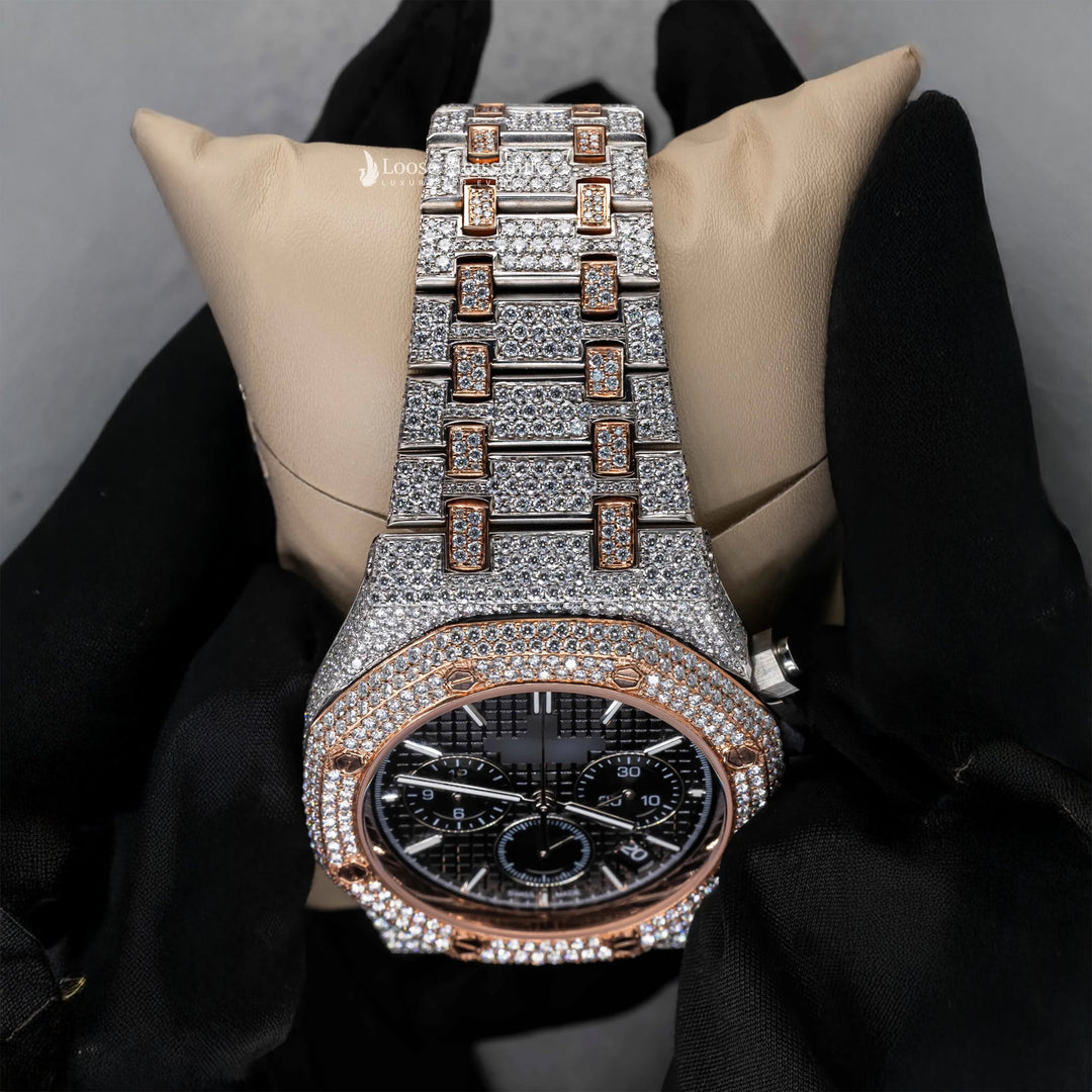 Close Up View Of AP Royal Oak Moissanite Watch | 41 Mm | Rose Gold Tone