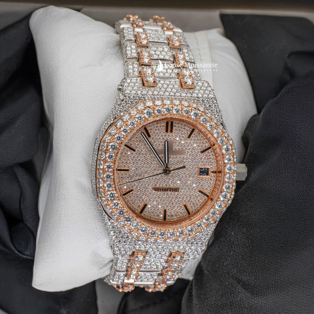 Side View Of Two Tone AP Women Moissanite Watch | 36 MM | Rose Gold Tone