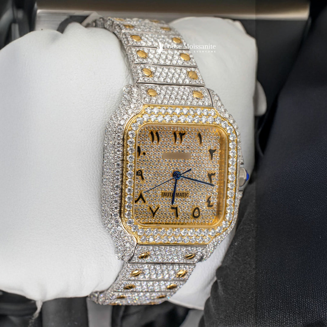 Side View Of Arabic Dial Moissanite Watch For Women | 36 MM | Yellow Gold Tone