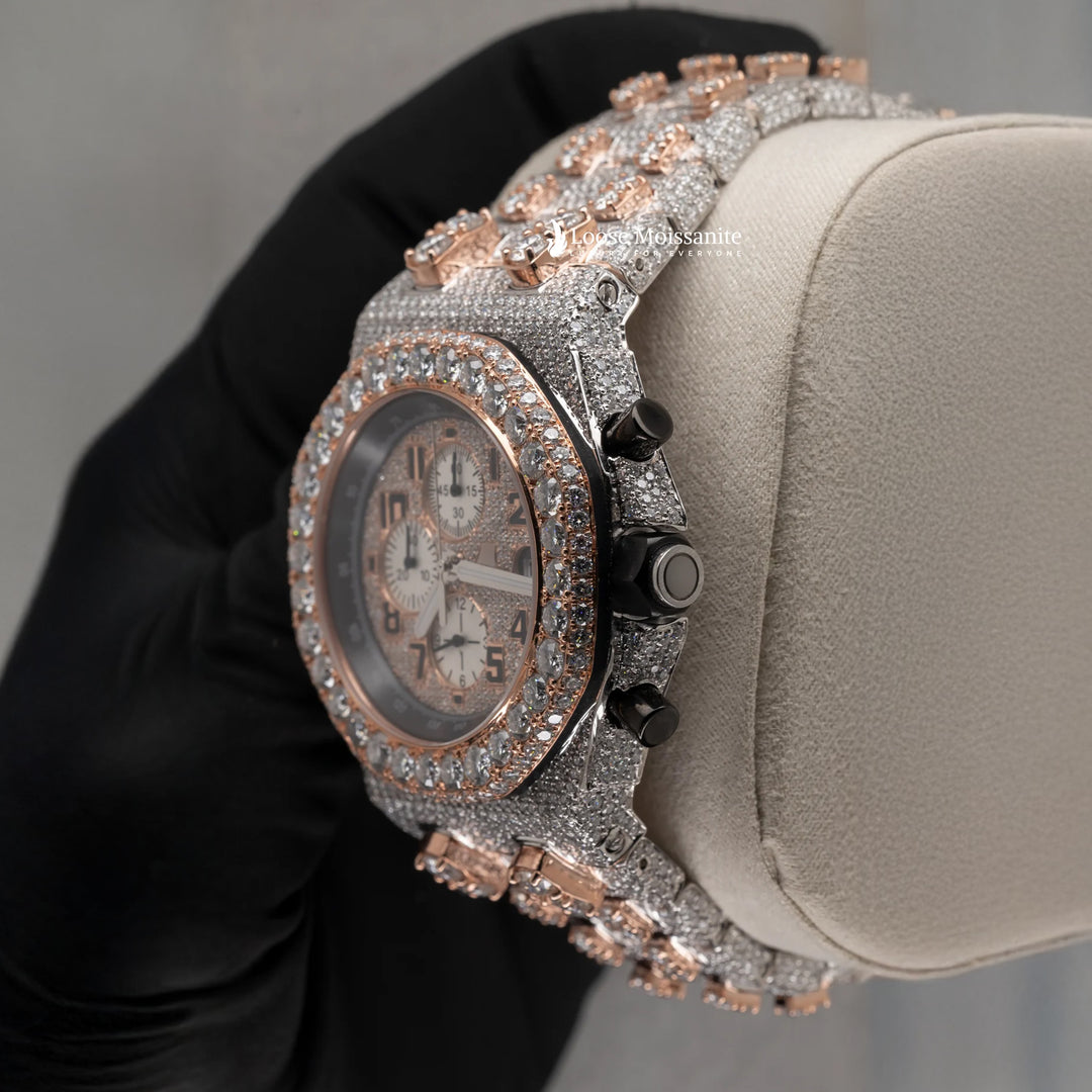 Side View Of Bust Down Stainless Steel Moissanite Watch | 41 MM | Rose Gold Tone
