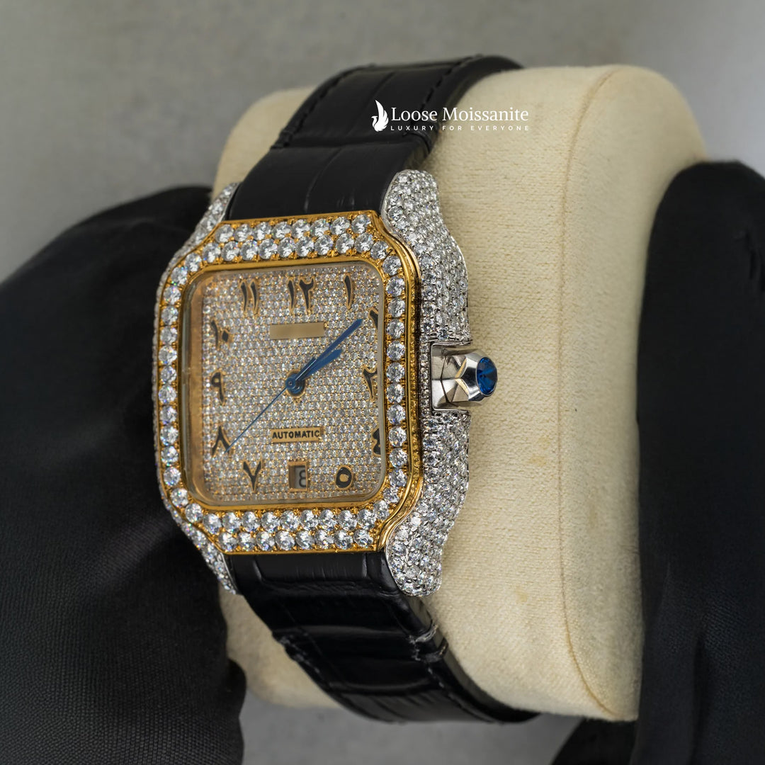 Side View Of Arabic Yellow Dial Black Leather Belt Moissanite Watch | 41 MM