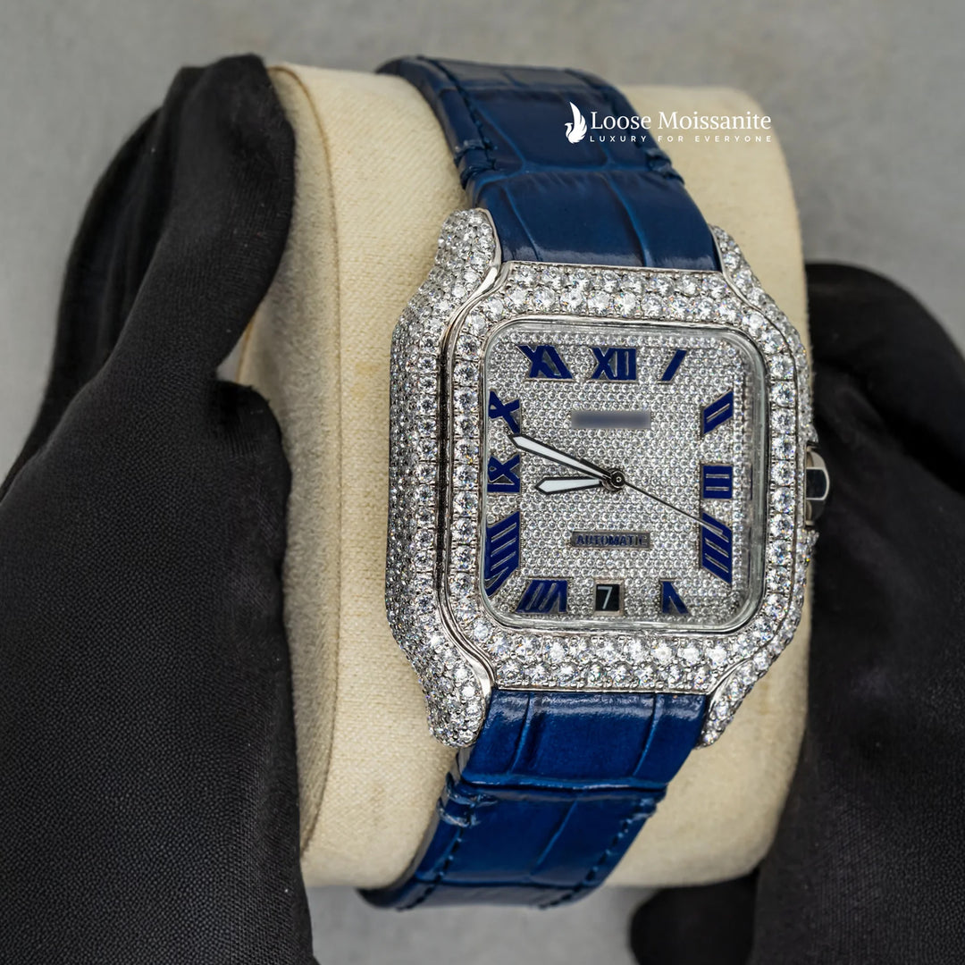Side View Of Arabic White Dial Blue Leather Belt Moissanite Watch | 41 MM