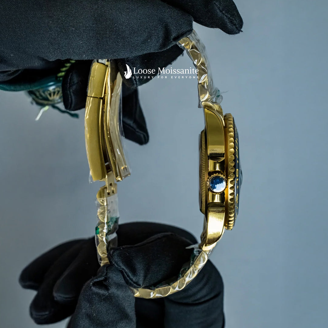 Side View Of Oyster Perpetual Date Just Black Dial Plain Watch In Yellow Gold