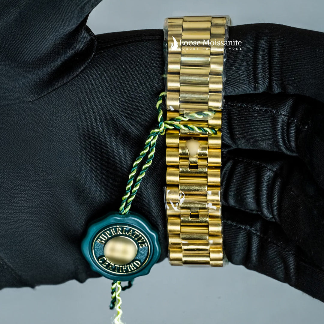 Back View Of Oyster Perpetual Day-Date Black Dial Plain Watch In Yellow Gold