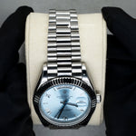 Load image into Gallery viewer, Close Up View Of Day-Date Sky Blue Dial Stainless Steel Plain Watch | 41 MM
