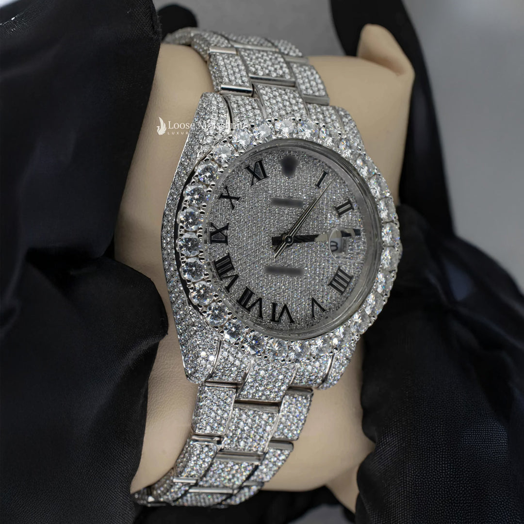 Side View Of Roman Dial Moissanite Presidential Watch For Men | 41 MM