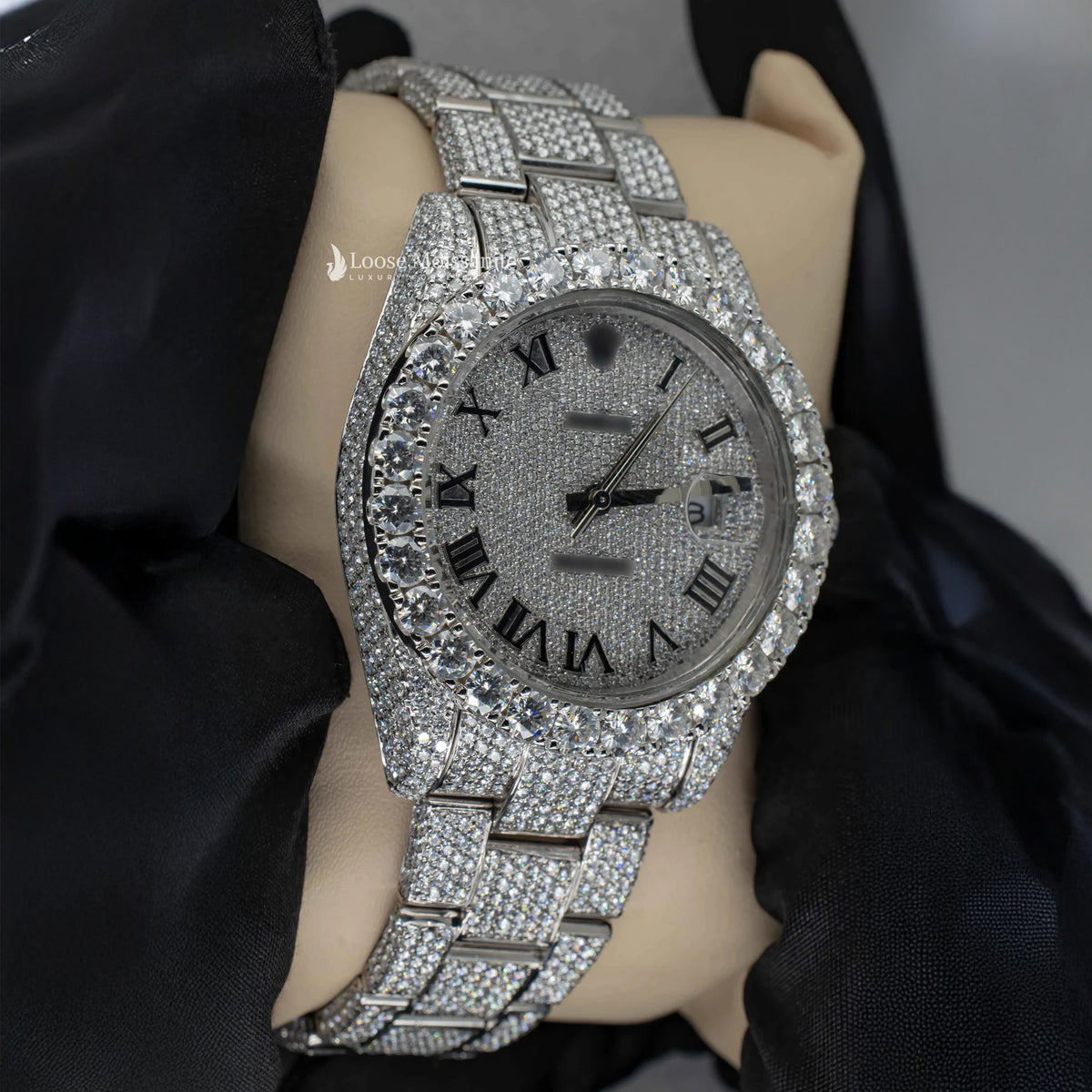Side view of roman dial moissanite presidential watch for men | 41 mm