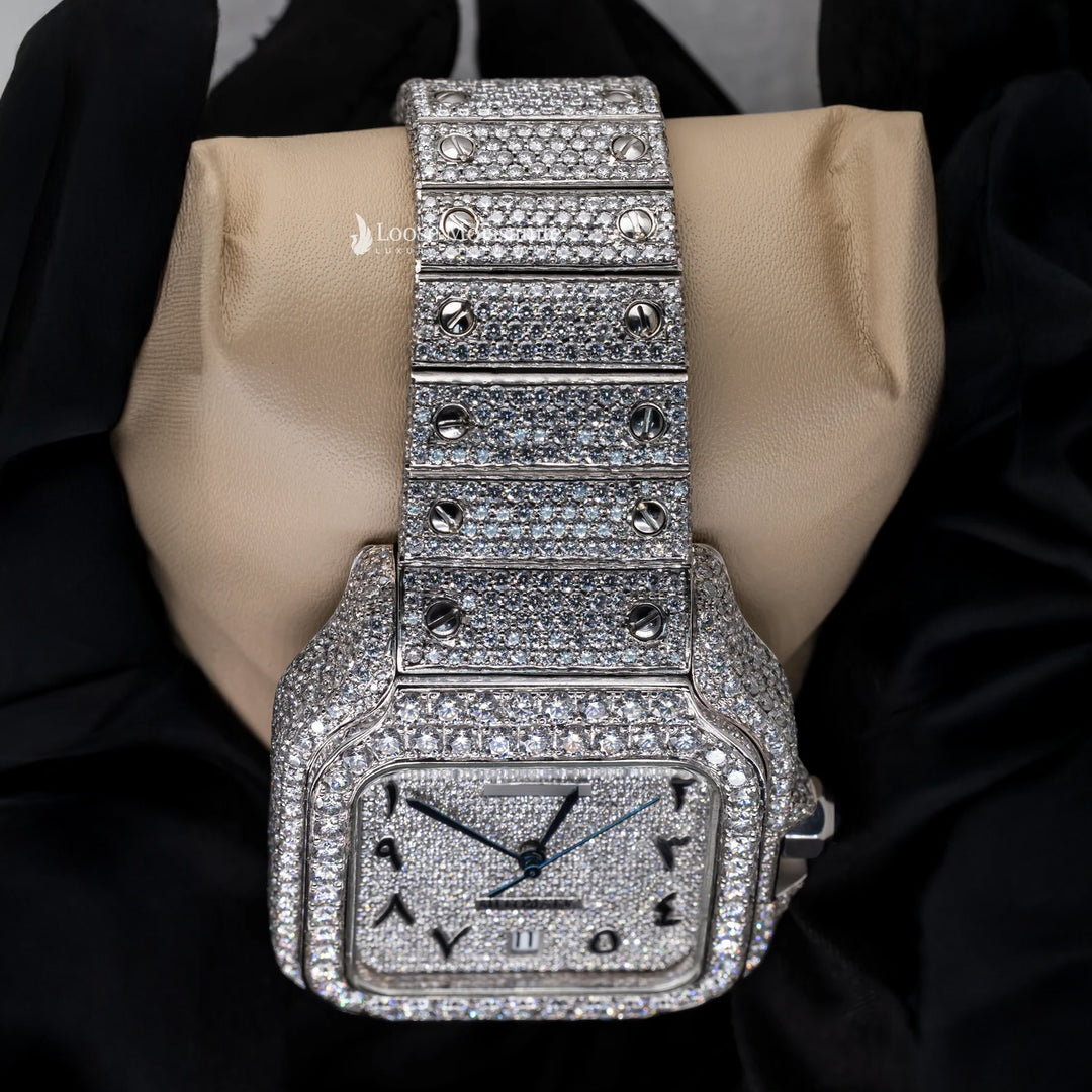Close Up View Of Arabic Dial Moissanite Square Watch