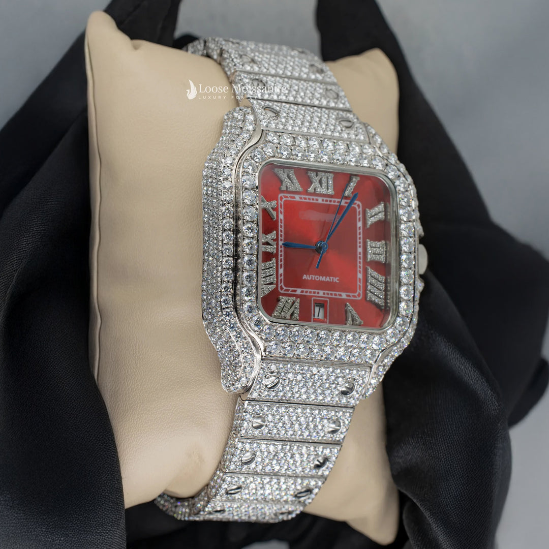 Side View Of Red Dial Moissanite Watch | 41 MM