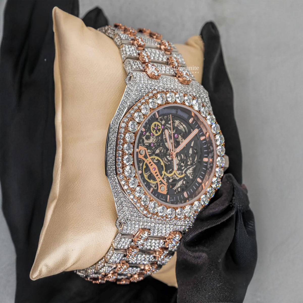 Side view of moissanite diamond ap watch | 41mm | rose gold tone