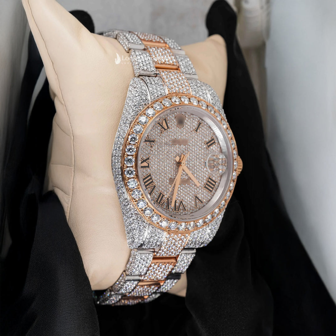 Side View Of Roman Dial Moissanite Presidential Watch | 41 MM | Rose Gold Tone