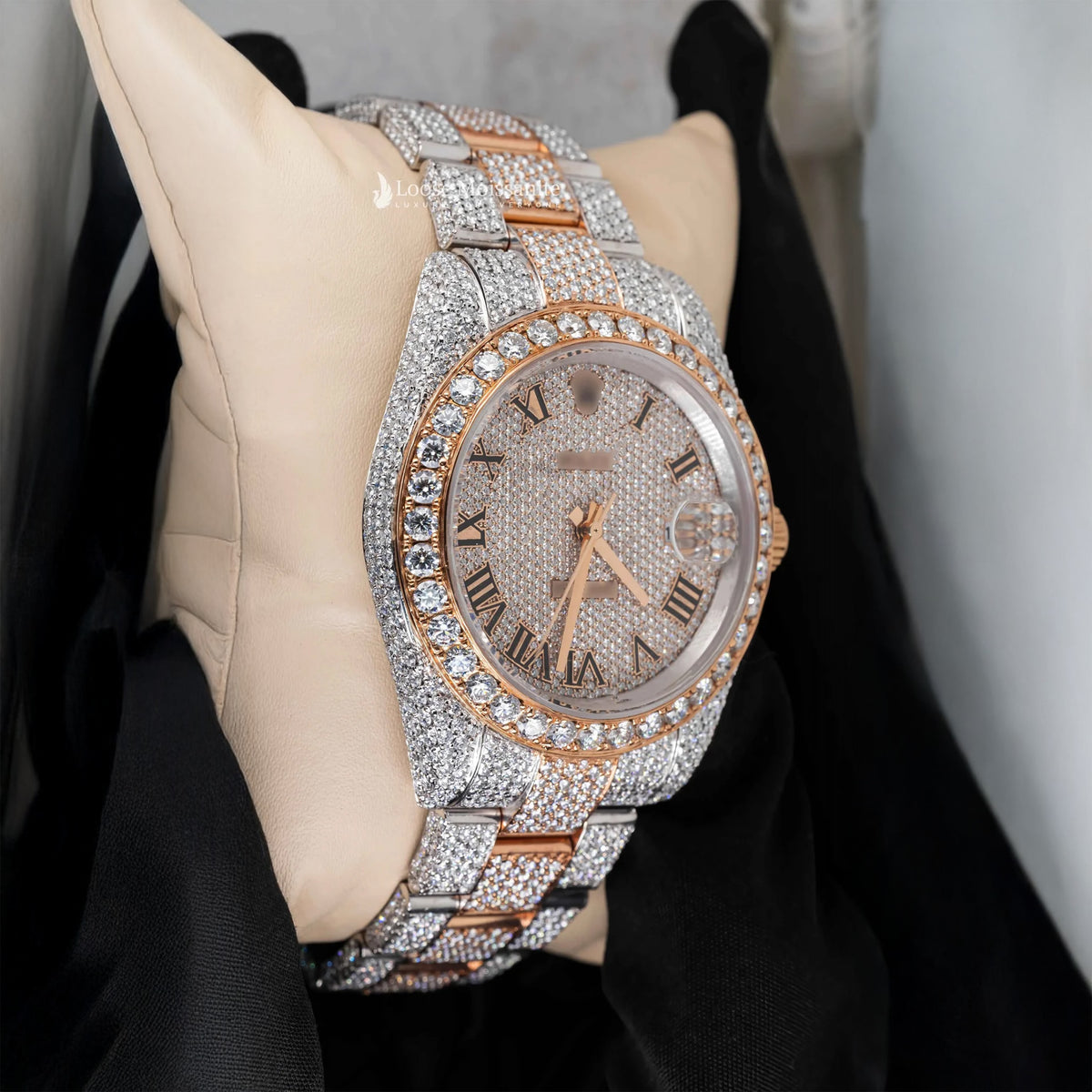 Side view of roman dial moissanite presidential watch | 41 mm | rose gold tone