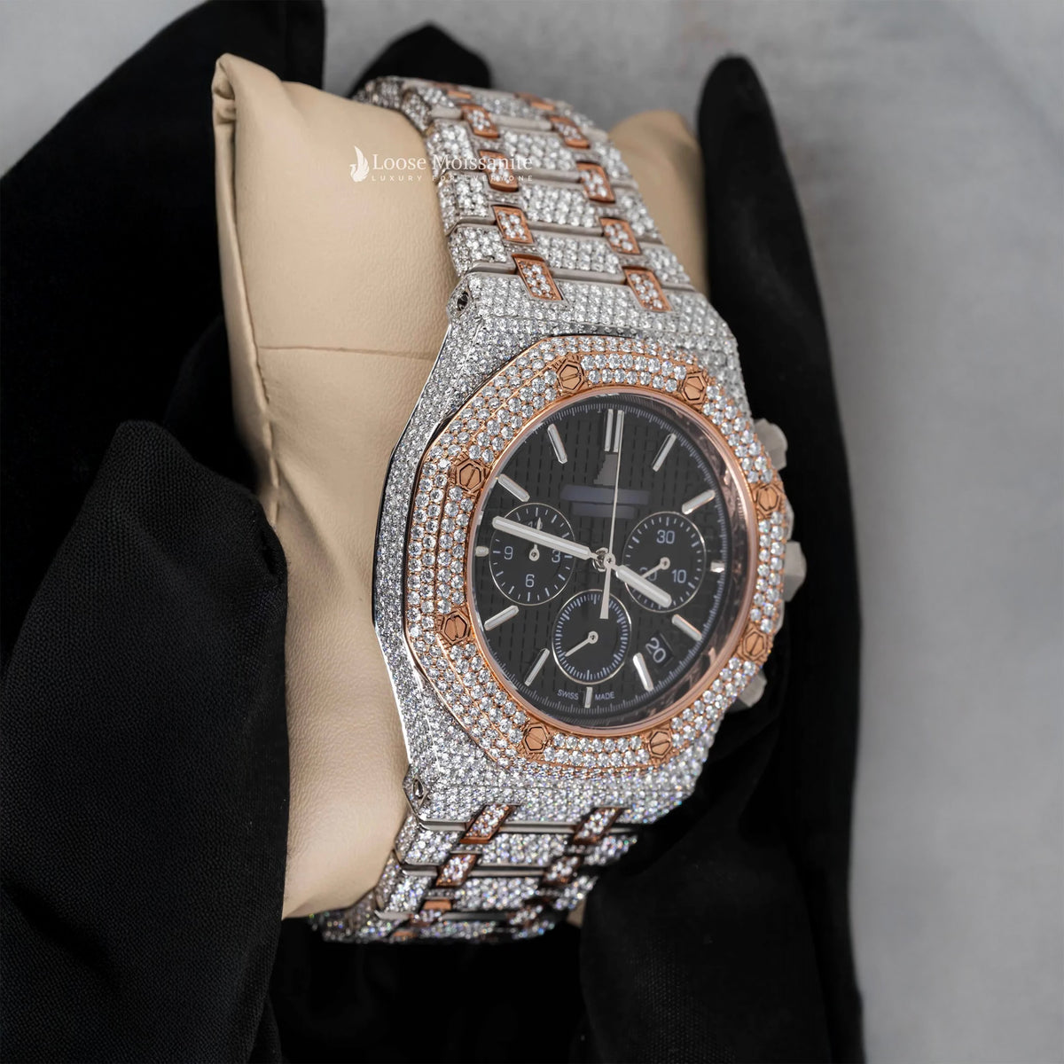 Side view of ap royal oak moissanite watch | 41 mm | rose gold tone 