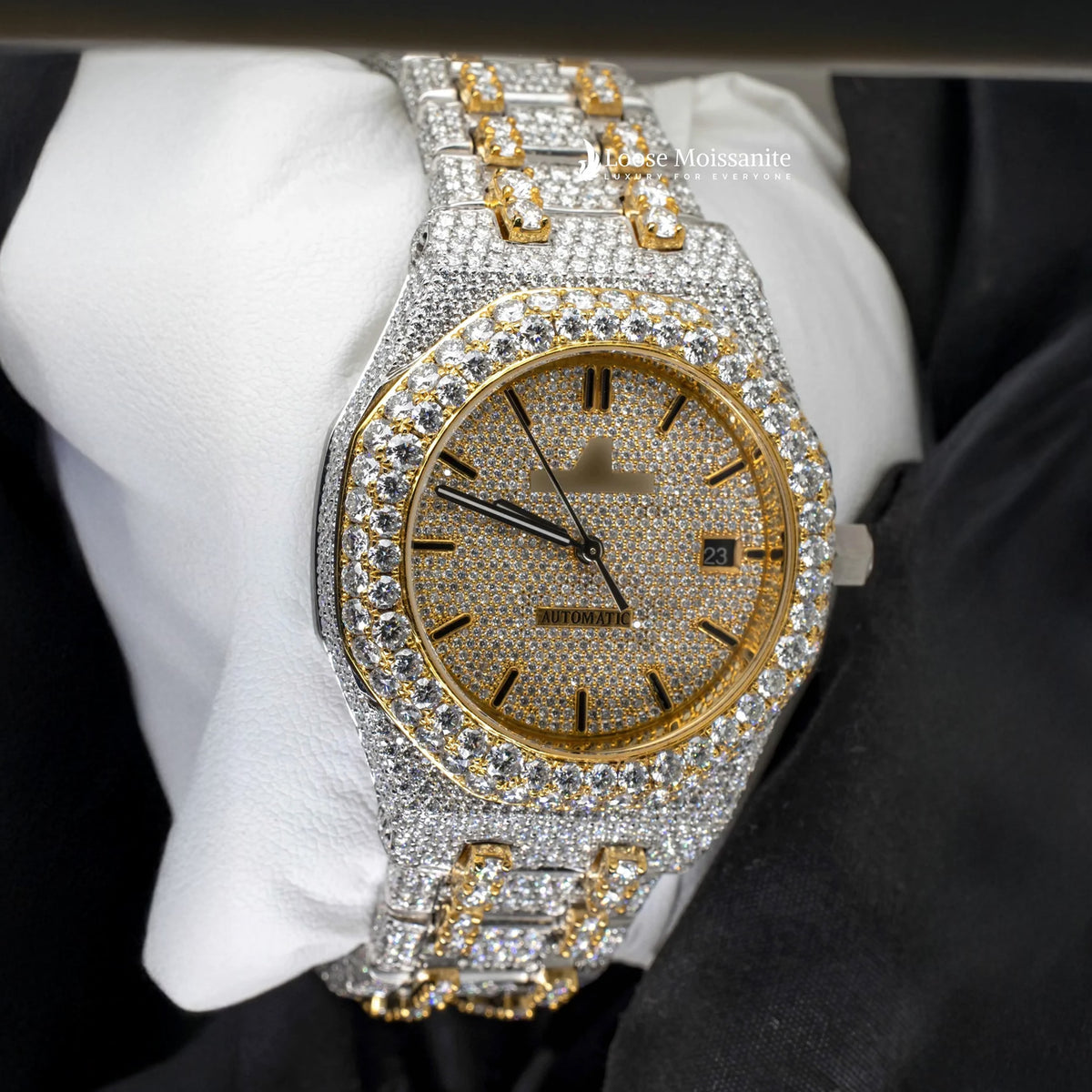 Side view of two tone ap women moissanite watch | 36 mm