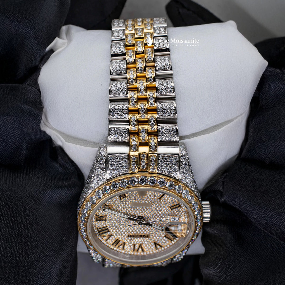 Close Up View Of Jubilee Style Date Just Moissanite Watch | 36 MM | Yellow Gold Tone