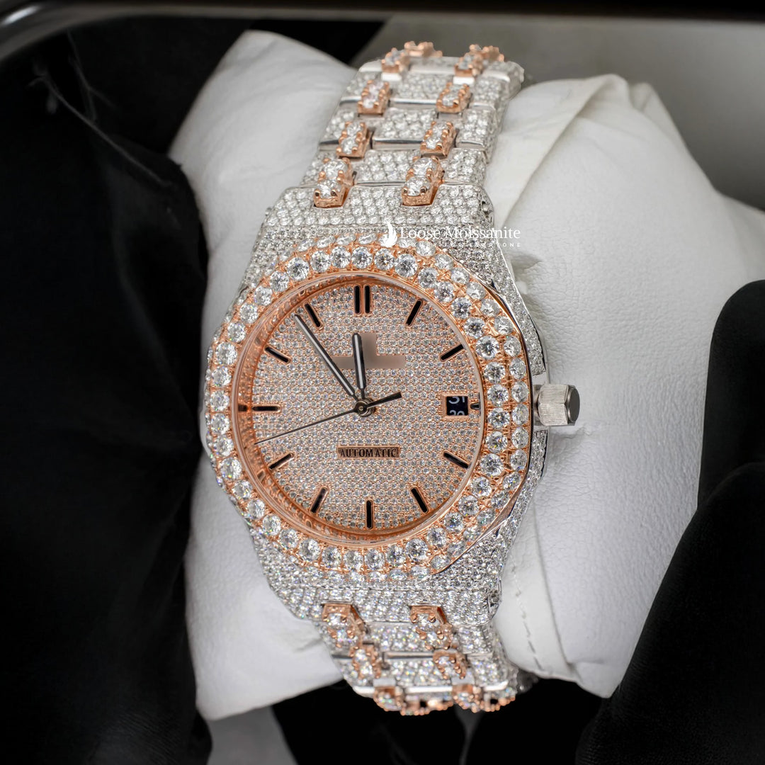 Side View Of Two Tone AP Women Moissanite Watch | 36 MM | Rose Gold Tone