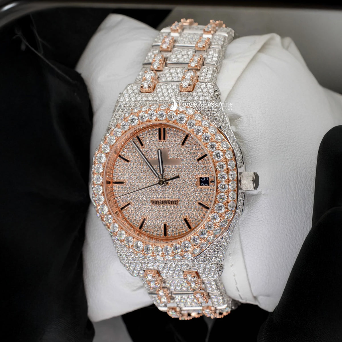 Side view of two tone ap women moissanite watch | 36 mm | rose gold tone