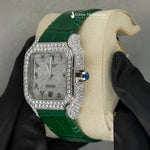 Load image into Gallery viewer, Side View Of Arabic White Dial Green Leather Belt Moissanite Watch | 41 MM
