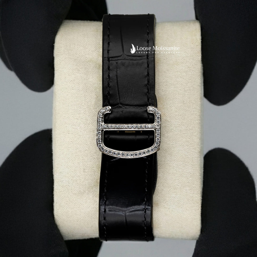 Back View Of Arabic Yellow Dial Black Leather Belt Moissanite Watch | 41 MM