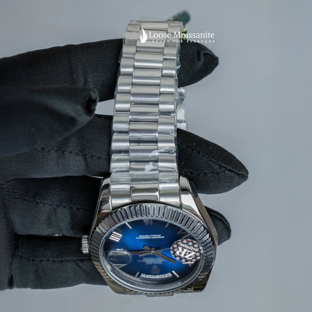 Close Up View Of Day-Date Blue Dial Stainless Steel Plain Watch
