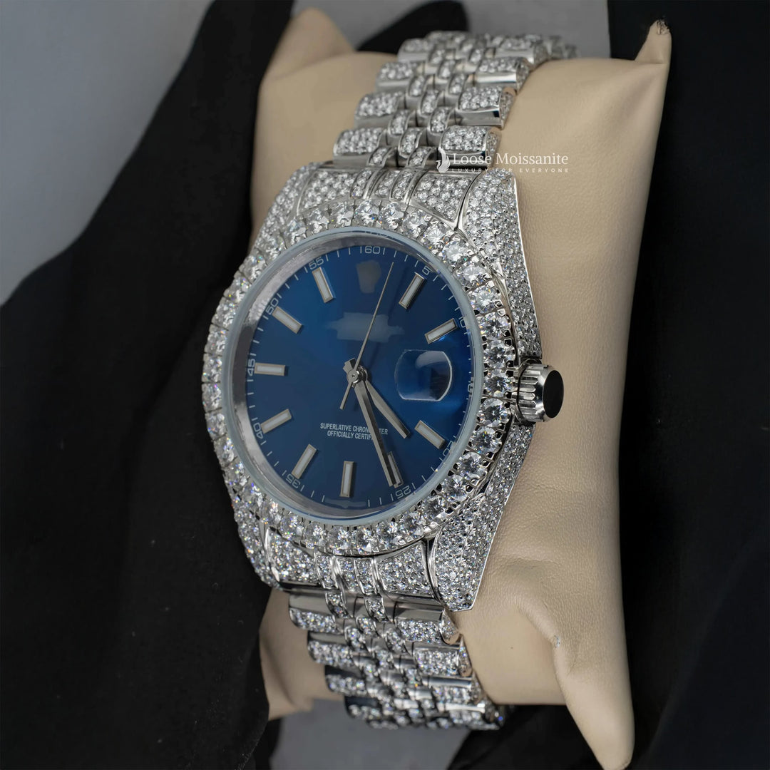 Side View Of Blue Face Dial Moissanite Diamond Watch | 41MM