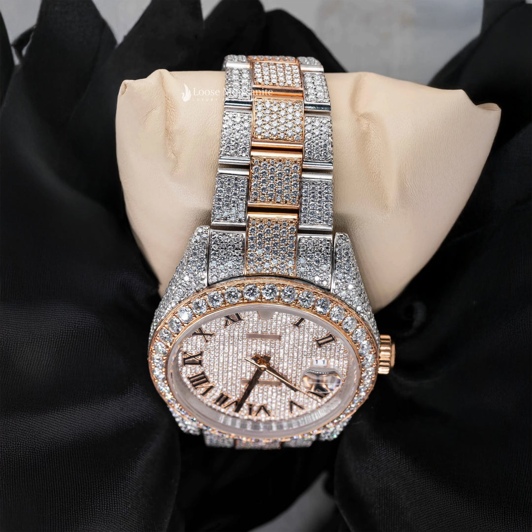 Back View Of Roman Dial Moissanite Presidential Watch | 41 MM | Rose Gold Tone