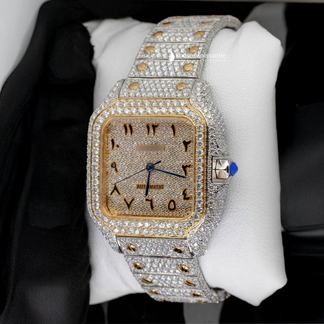 Side View Of Arabic Dial Moissanite Watch For Women | 36 MM | Yellow Gold Tone