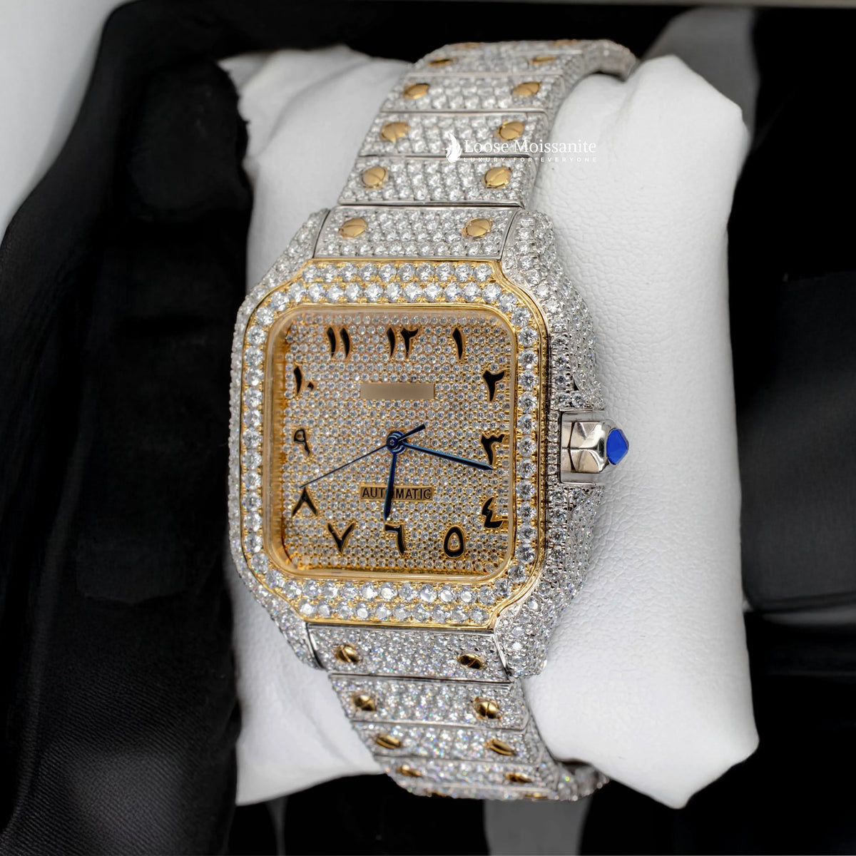 Side view of arabic dial moissanite watch for women | 36 mm | yellow gold tone