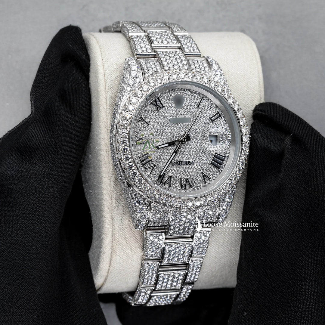 Side View Of Roman Dial Date Just Moissanite Watch for Men | 41 MM
