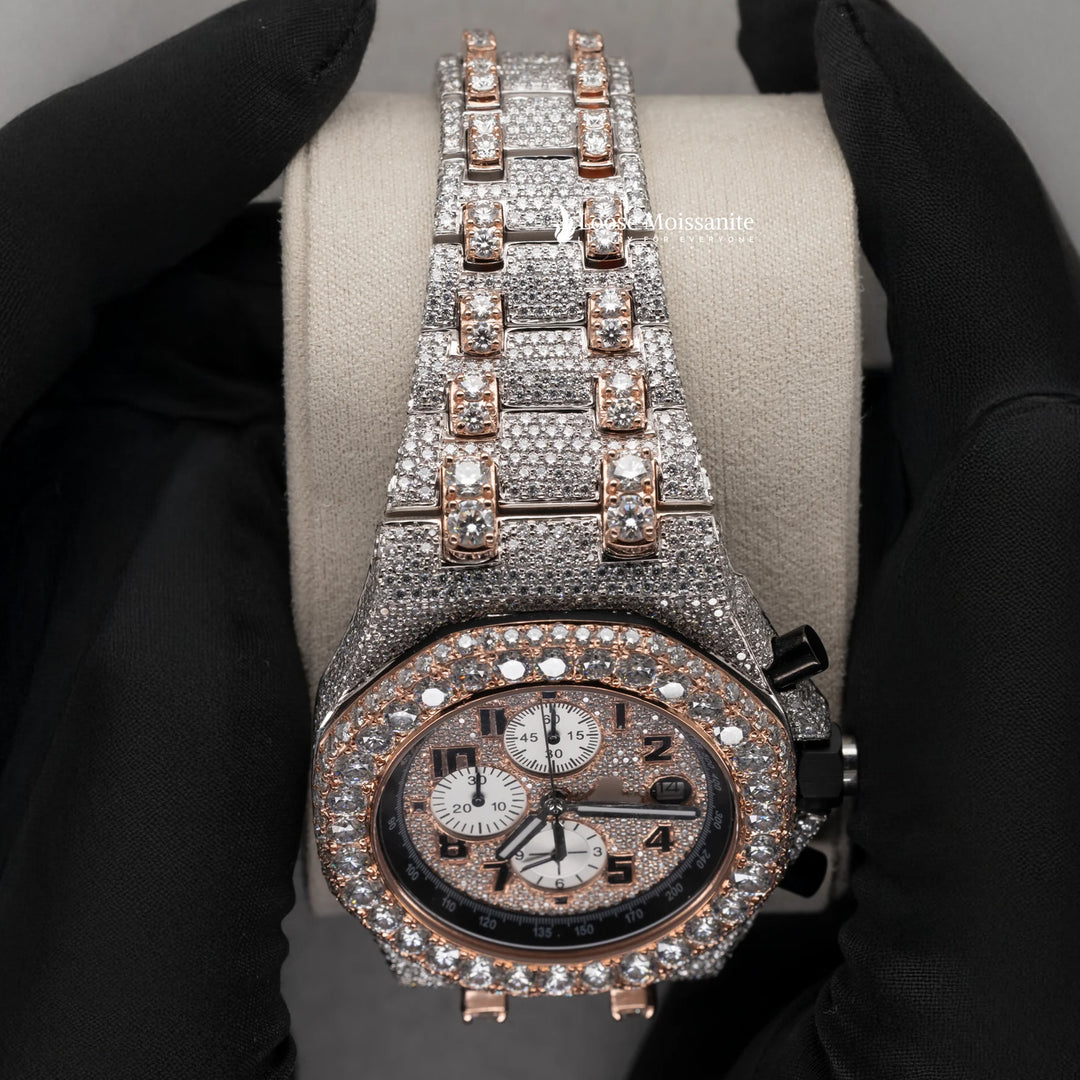 Close Up View Of Bust Down Stainless Steel Moissanite Watch | 41 MM | Rose Gold Tone