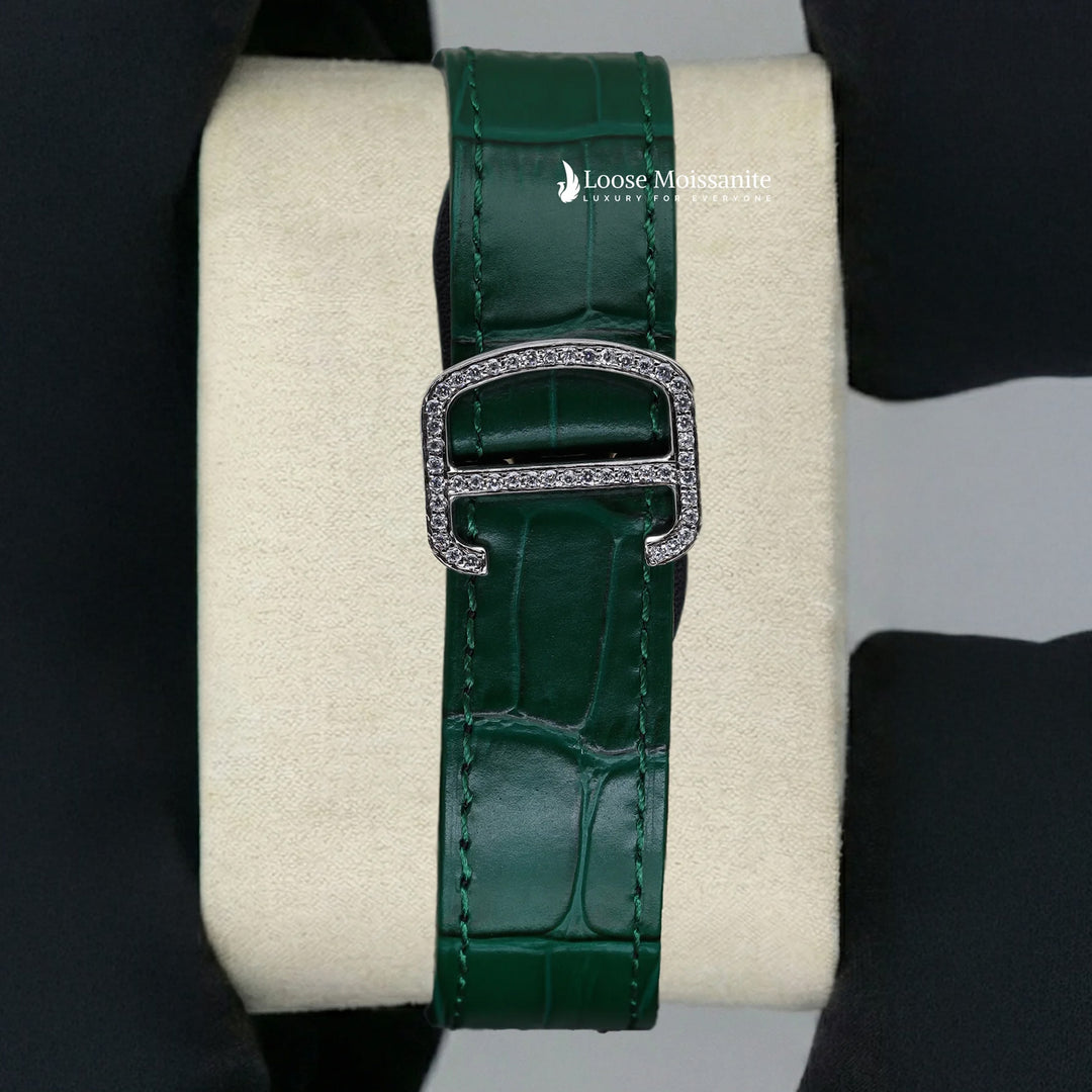 Back View Of Arabic White Dial Green Leather Belt Moissanite Watch | 41 MM