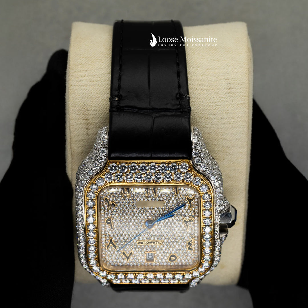 Close Up View Of Arabic Yellow Dial Black Leather Belt Moissanite Watch | 41 MM
