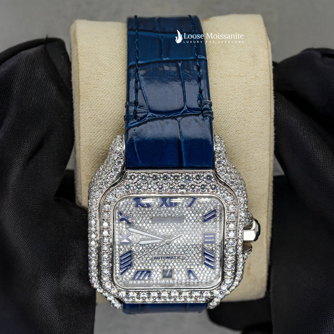 Close Up View Of Arabic White Dial Blue Leather Belt Moissanite Watch | 41 MM