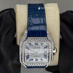 Load image into Gallery viewer, Close Up View Of Arabic White Dial Blue Leather Belt Moissanite Watch | 41 MM
