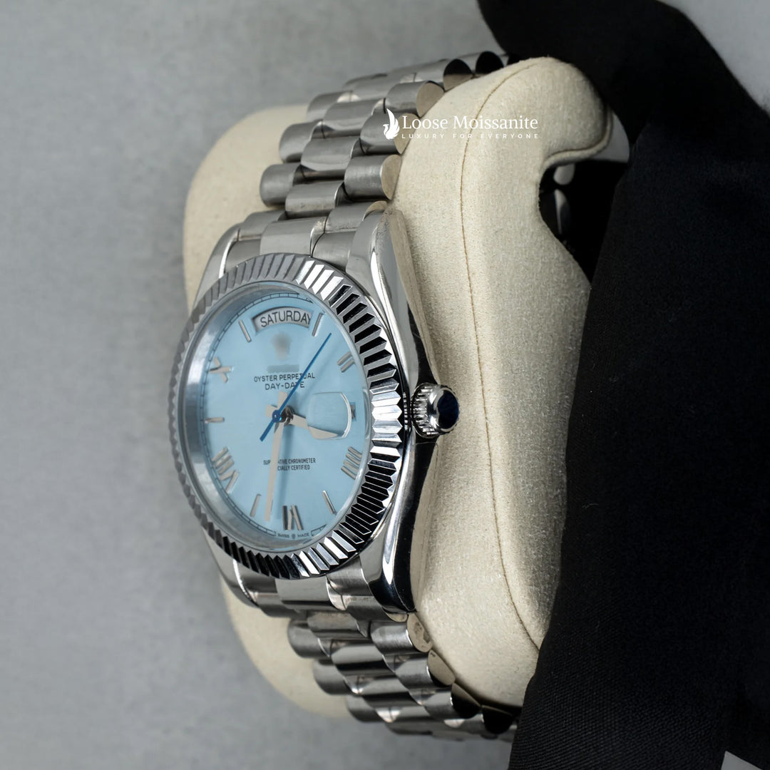 Side View Of Day-Date Sky Blue Dial Stainless Steel Plain Watch | 41 MM