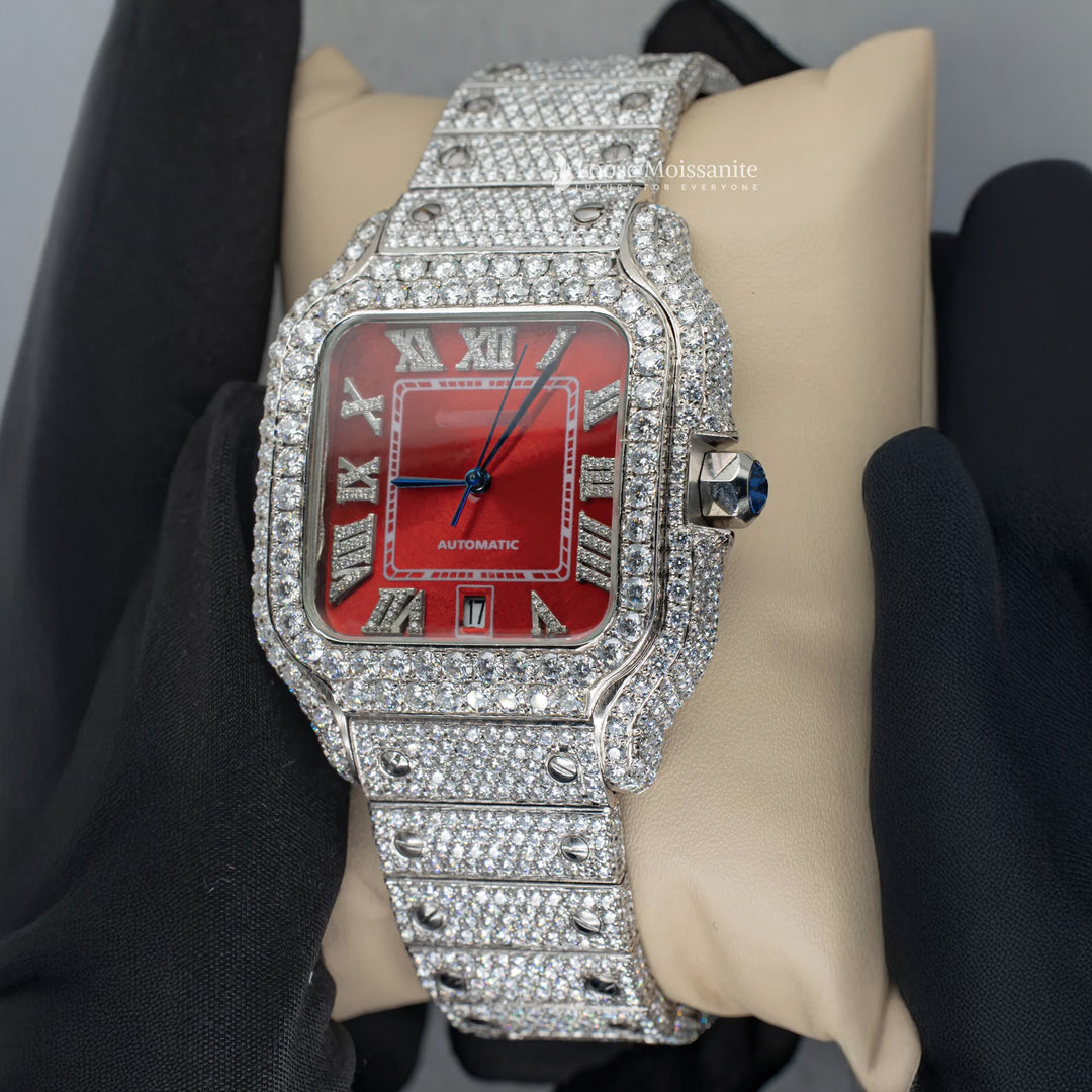 Side View Of Red Dial Moissanite Watch | 41 MM