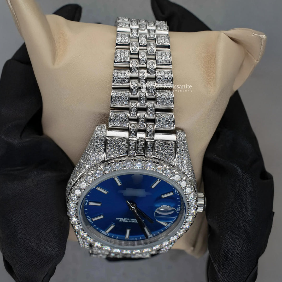 Close Up View Of Blue Face Dial Moissanite Diamond Watch | 41MM