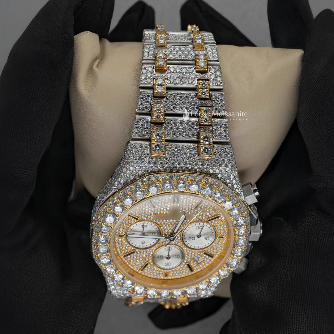 Close Up View Of AP Moissanite Hip Hop Watch | 41 MM | Yellow Gold Tone