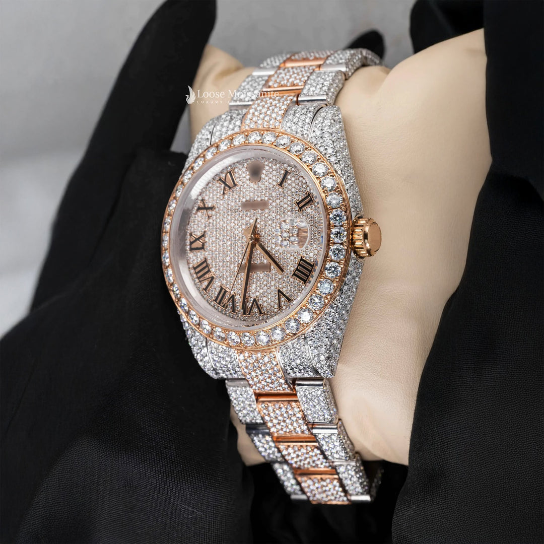 Side View Of Roman Dial Moissanite Presidential Watch | 41 MM | Rose Gold Tone