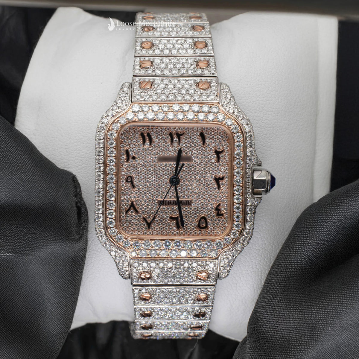 Front view of arabic dial moissanite watch for women | 36 mm