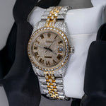 Load image into Gallery viewer, Side View Of Jubilee Style Date Just Moissanite Watch | 36 MM | Yellow Gold Tone
