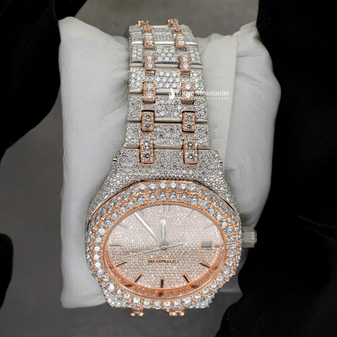 Close View Of Two Tone AP Women Moissanite Watch | 36 MM | Rose Gold Tone