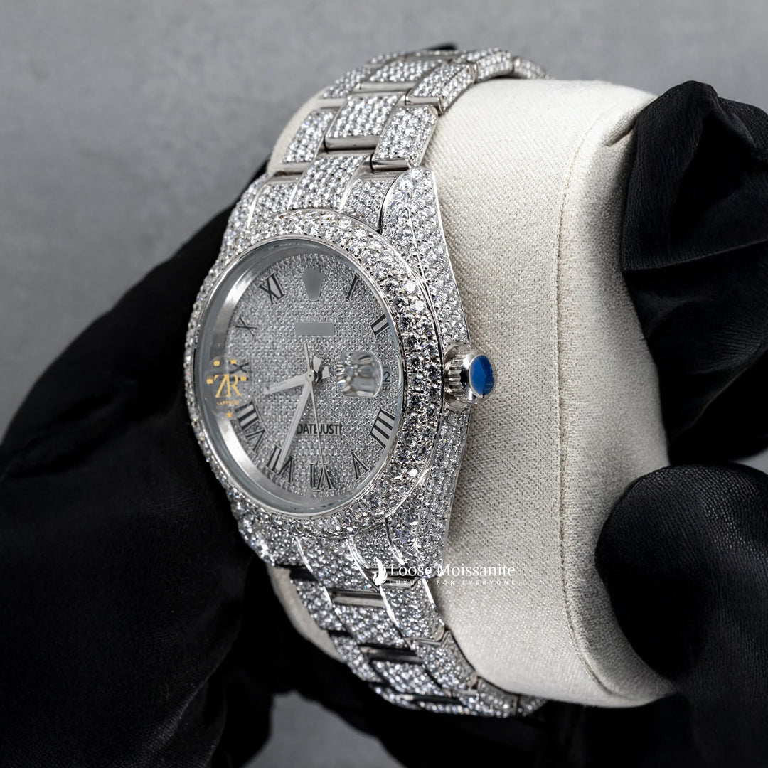 Side View Of Roman Dial Date Just Moissanite Watch for Men | 41 MM