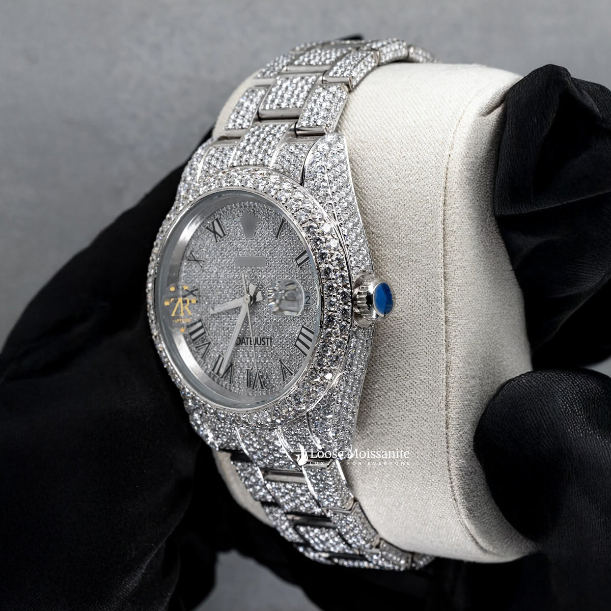 Side view of roman dial date just moissanite watch for men | 41 mm